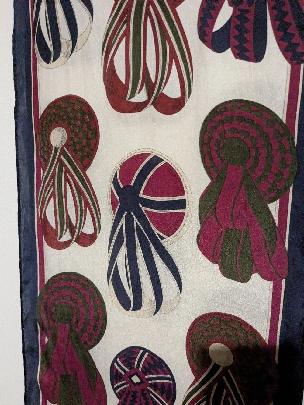 Vintage Ginnie Johansen Blue Maroon Red Cream Silk Rectangle Scarf 11 X 62 In